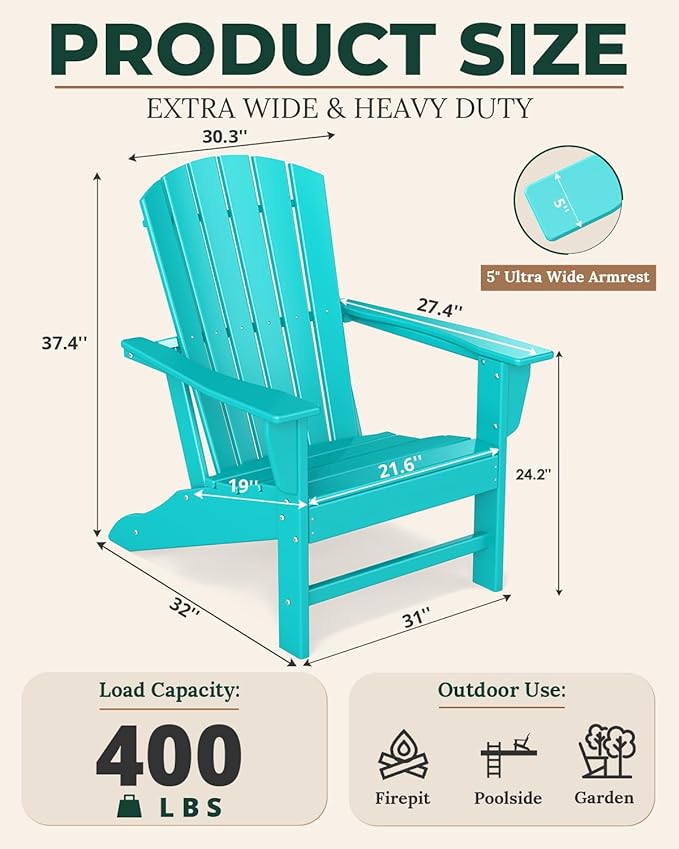 BRIOPAWS Adirondack-Chairs-Set of 4 | Fire Pit Chair | Oversized | HDPE Plastic | Weather Resistant | for Deck Outdoor Poolside Campfire | Aqua