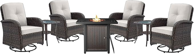 Belord 7-Piece Modern Brown Patio Conversation Set - 4 Swivel Glider Chairs & 50,000 BTU Propane Fire Table