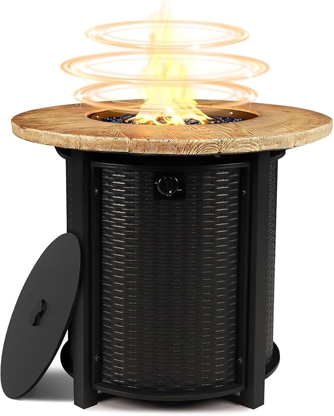 30 Inch Round Propane Fire Pit Table,50,000 BTU Iron Gas Fire Pit with Lid,Ignition Systems,w/Glass Stones and Rain Cover,Outdoor Firepit Table for Patio & Deck