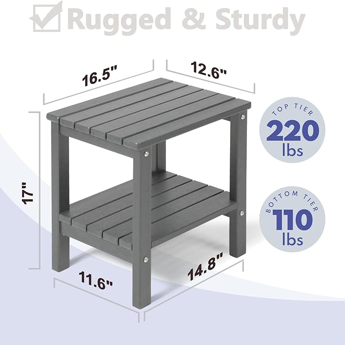 PASAMIC 2-Tier Adirondack Square Outdoor Side Table, HDPE Small Outdoor Table, Patio End Table for Patio, Pool, Backyard, Weather-Resistant (Grey)