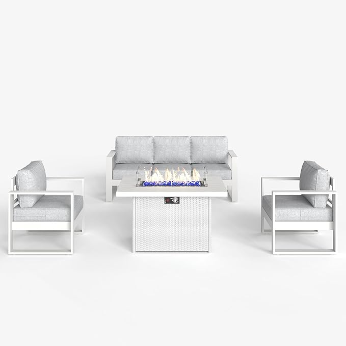 LayinSun 4 Pieces Aluminum Outdoor Patio Furniture Set, Metal Modern Conversation Sofa Set with Fire Pit Table and Washable Thick Cushions for Porch, Backyard, Deck