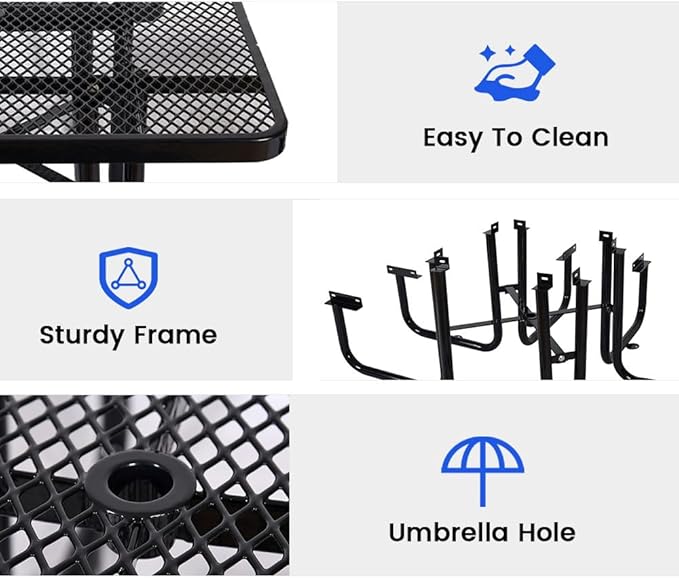 KUFUH 72" Rectangular Metal Picnic Table for 4-8 Person, Durable Heavy Duty Commercial Picnic Table with Umbrella Hole for Outdoor Coffee Shop, School, Hospital, Easy to Install, Black