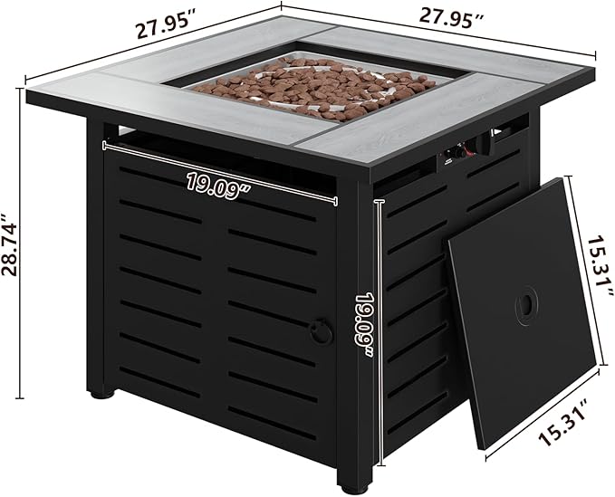 28" Outdoor Propane Fire Pit Table Ceramic Top & Lava Rocks,50000 BTU Square Patio Heater Waterproof Lid Gas Fire Pits for Outside Patio Black