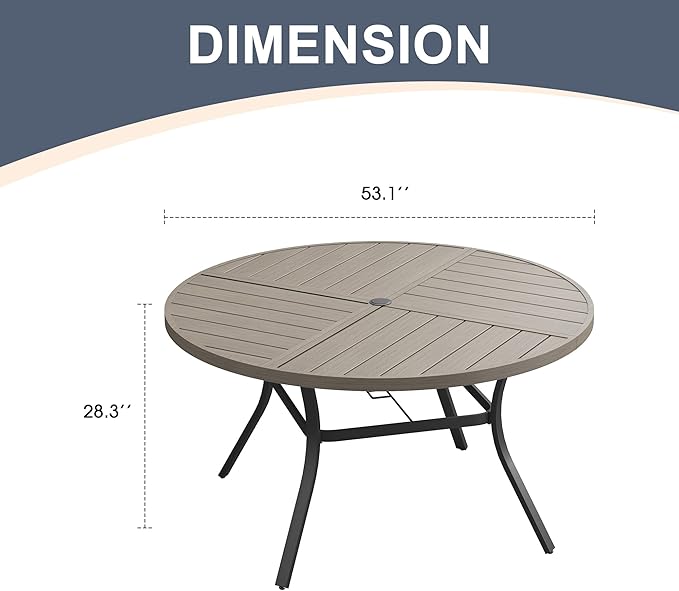 VICLLAX Round Patio Dining Table, 6-8 Person Metal Outdoor Dining Table with Umbrella Hole and Storage Shelf for Garden Lawn Deck, 53" Grey