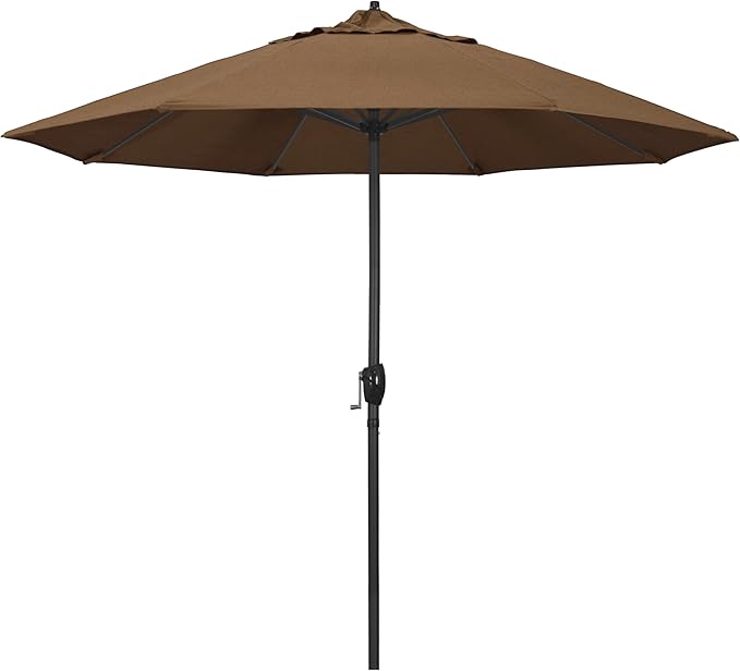 California Umbrella 9' Rd Aluminum Patio Umbrella, Crank Lift, Auto Tilt, Black Finish, Sunbrella Teak