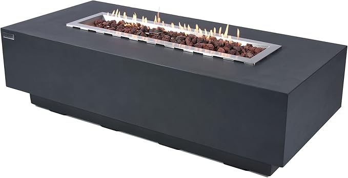 Granville Concrete Fire Pit 60" x 27" Outdoor Patio Firepit Includes Lava Rocks Modern Fire Pits & Outdoor Fireplaces for Garden, Deck, Indoor & Outdoor Heating