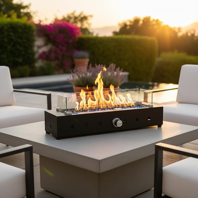 28-inch Table Top Propane Fire Pit, 40,000 BTU Tabletop Firepit Glass Wind Guard & Blue Glass Beads, Portable Outdoor Portable Fireplace for Patio and Camping – Black.