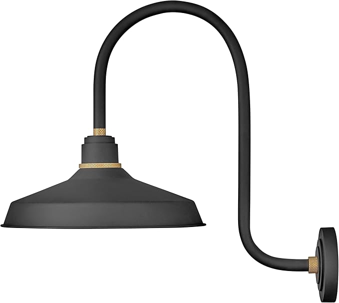 Hinkley Foundry Classic Large Tall Gooseneck Barn Light - Aluminum, Dark Sky Compliant, Industrial, 27" Extension, 16" Shade - Textured Black Finish with Brass Accent