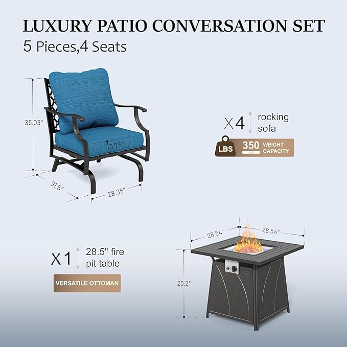 HERA'S HOUSE Patio Furniture Set with Fire Pit Table, 4 x Thick Cushioned Rocking Chairs, 1 x 28 Fire Pit Table (50,000 BTU), 5 Pieces Outdoor Conversation Set for Garden Backyard Lawn, Pacific Blue