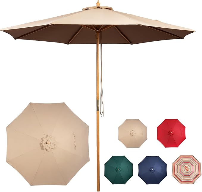 9ft Bamboo Umbrella, Outdoor Patio Umbrella, Waterproof Market Umbrella, 8 Ribs Table Umbrella with Pulley Lift for Garden, Deck, Pool, lawn, Backyard