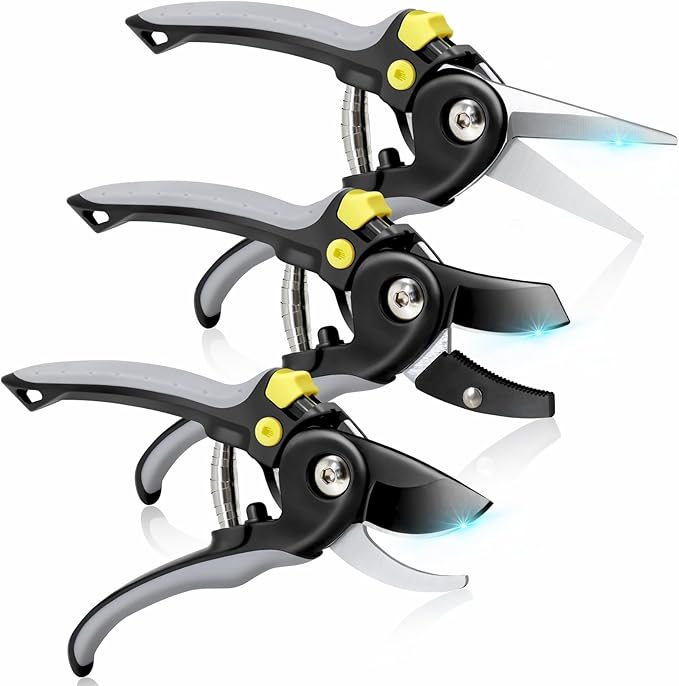 Jardineer Pruning Shears for Gardening, 3Pack Stainless Steel Garden Shears Set include Bypass Hand Pruner, Anvil Pruning Scissor, Pruning Snips for Flowers, Herbs and Small Branches