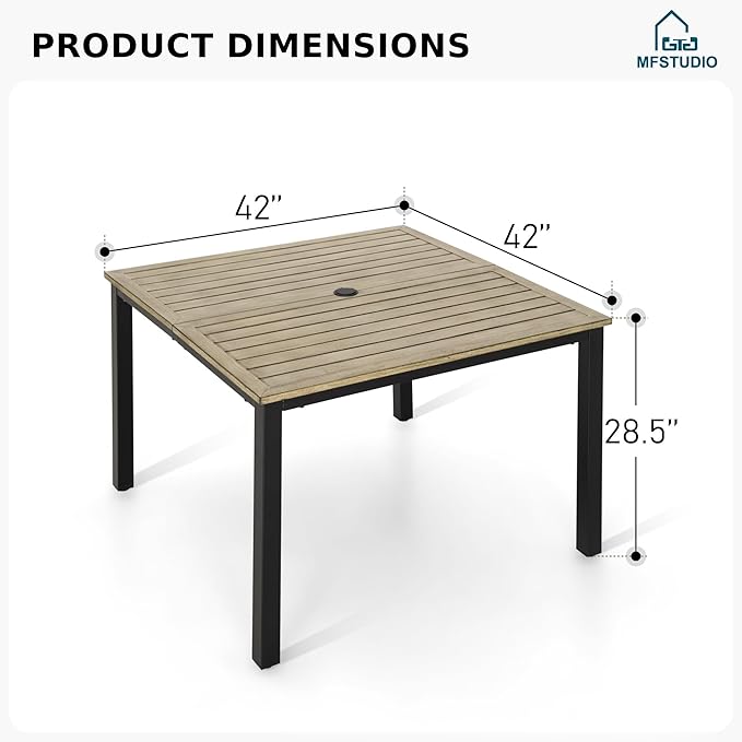 MFSTUDIO 42" Square Outdoor Dining Table, Patio Furniture Wood-Like Tabletop with Adjustable Umbrella Hole for Deck,Backyard,Lawn,Garden
