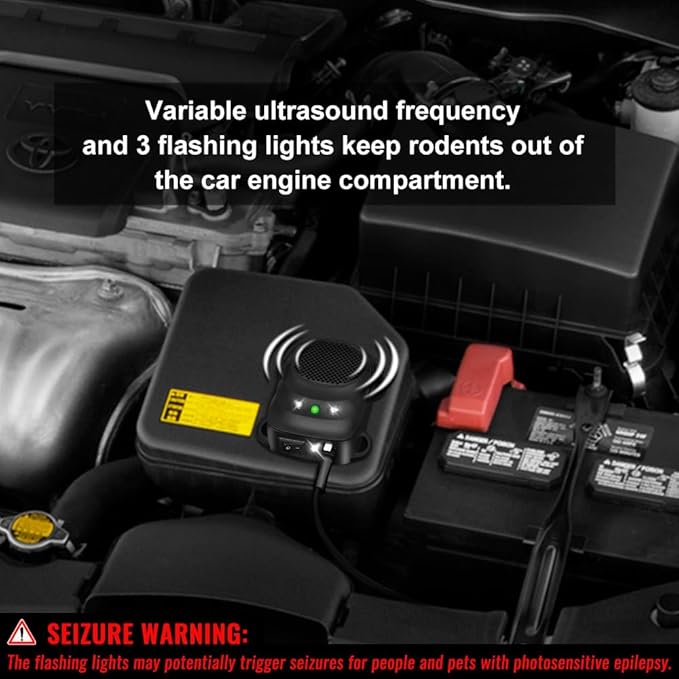 Loraffe Under Hood Rodent Repellent for Car Engines, 12V 24V Ultrasonic Mouse Deterrent with LED Strobe Lights – Mice and Rat Repeller for Truck, RV, Vehicle Engine Protection, Pack of 2
