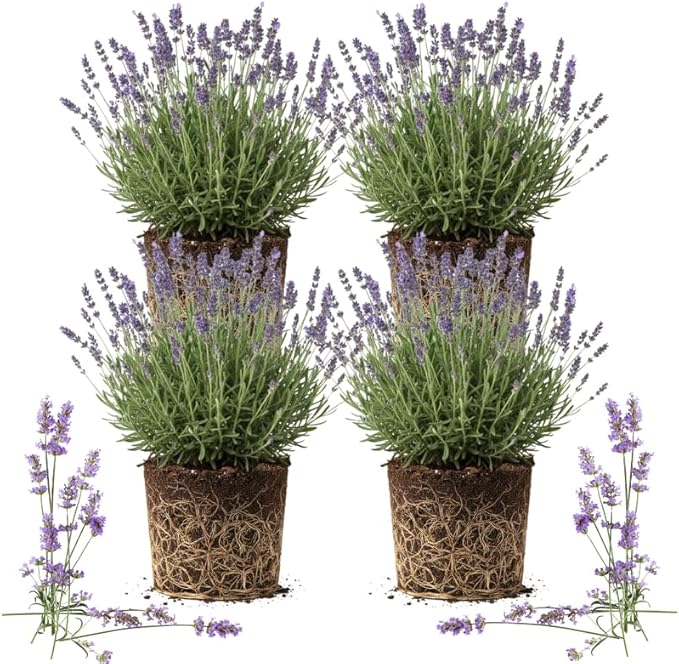 4 Provence Lavender Plants Live Outdoor Indoor, Cold Hardy Fragrant Perennial Herb for Garden and Landscape, 4-8 Inch Tall