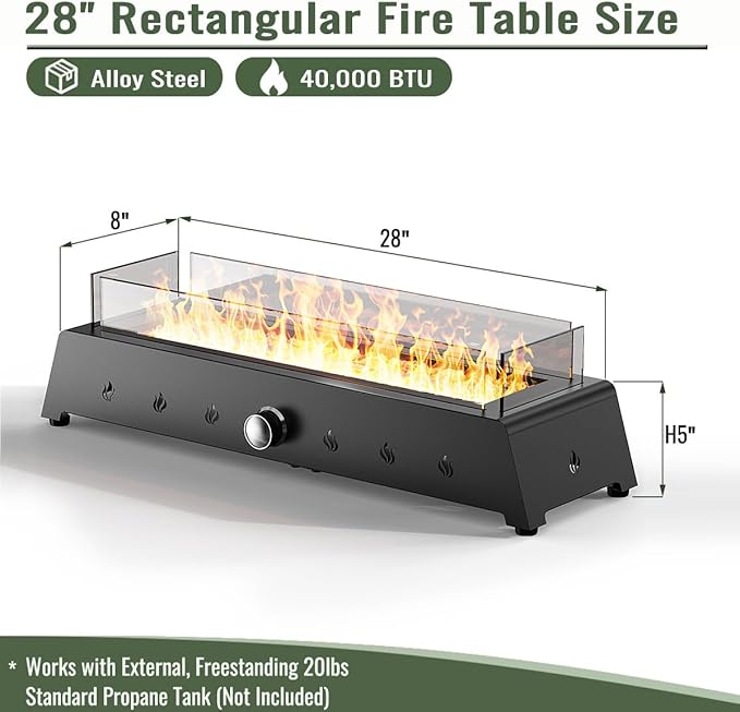 Zateety 28" Propane Gas Fire Pit Table - 40000 BTU Rectangular Alloy Steel FirePits, Anti-Rust Finish & CSA Certified with Glass Windshield and Lava Rocks for Outdoor Patio Deck Garden Balcony -Black