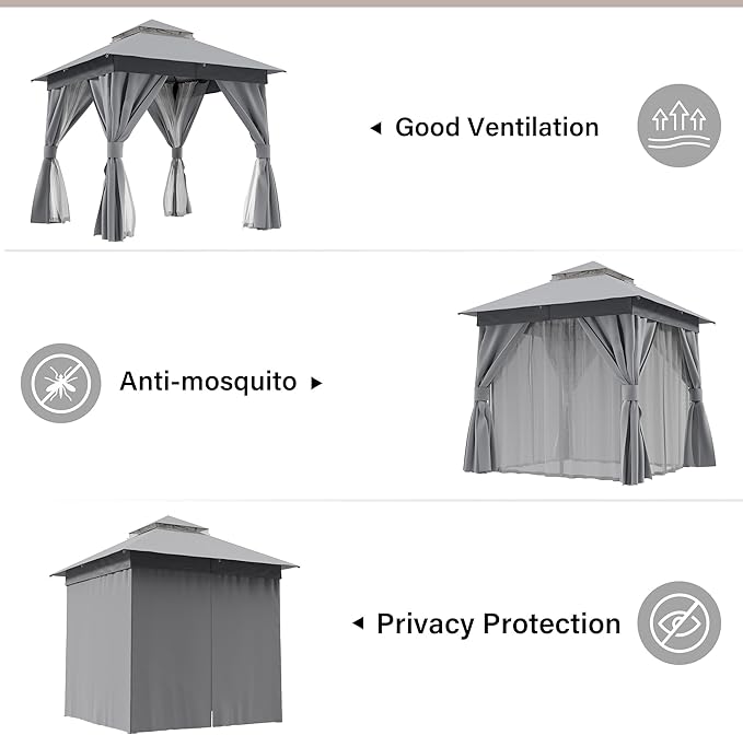 LAUSAINT HOME Gazebo 8x8ft, Heavy Duty Patio Gazebo with Expansion Bolts, Party Canopy Tent with Double Roofs, Mosquito Nettings and Privacy Screens for Backyard, Garden, Lawn, Grey