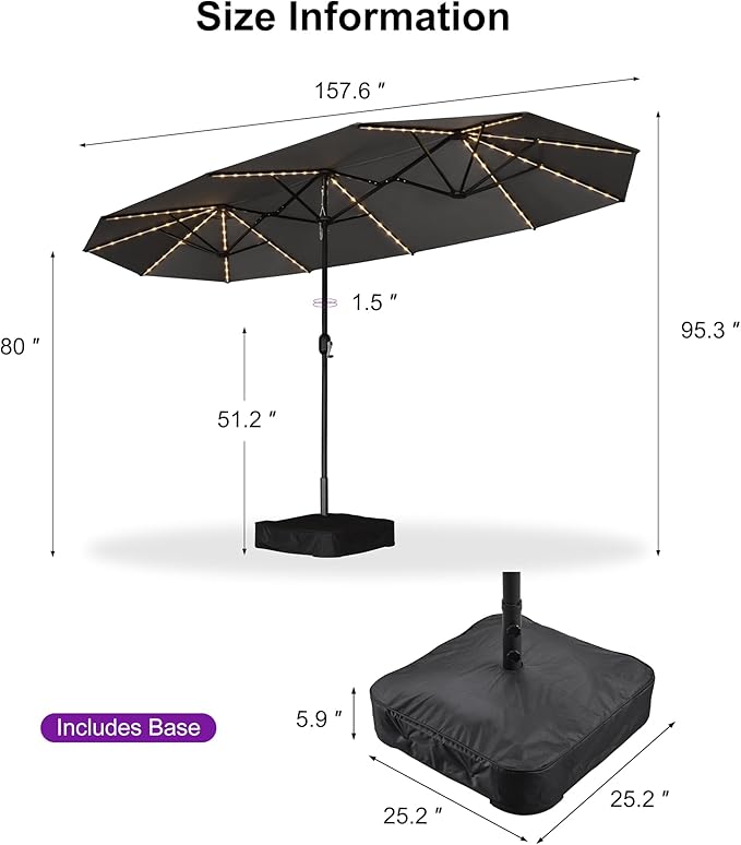 PURPLE LEAF 13ft Patio Market Umbrella with Solar LED and Base Double-Sided Rectangle Outdoor Table Sun Umbrellas with Crank for Pool Beach Deck Backyard Light Gray