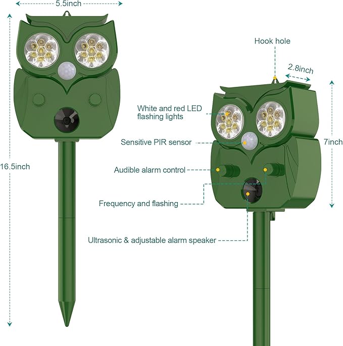 Solar Ultrasonic Animal Repellent Outdoor 2PCS, Cat Squirrel Deer Repellent Devices with Waterproof Animal Deterrent for Garden Yard Farm