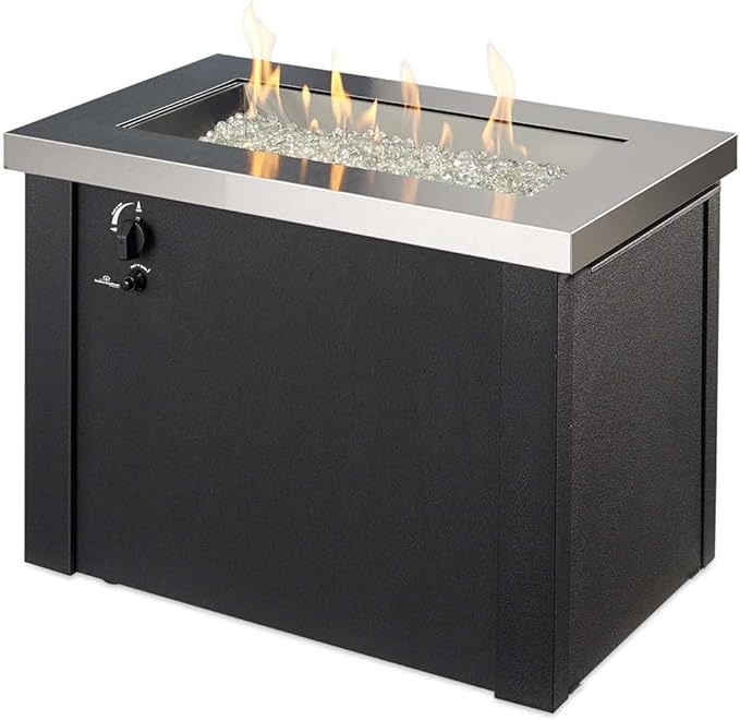 Outdoor GreatRoom Co Propane Fire Pit Table - Providence Gas Fire Pits for Outside Patio - 32 Inch Rectangular Stainless Steel Top Firepit Fire Table, Glass Tabletop Cover, Metal Base, 55,000 BTU