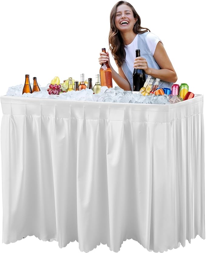 IWDOO 4 Foot Ice Cooler Table, Outdoor Cooler Table with Removable Matching Skirt and Shelf, Folding Ice Tables for Party, BBQ, Camping, Picnic, Portable Foldable Self-Serving Beverage Cooling Bar