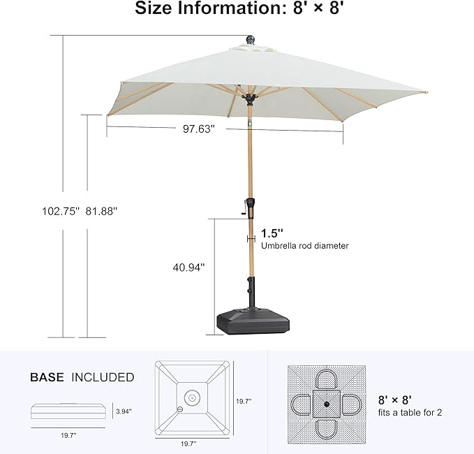 PURPLE LEAF 8' x 8' Square Outdoor Table Umbrella with Base Patio Umbrella Aluminum Market Umbrella with Push Button Tilt & Crank and 8 Ribs Outdoor Umbrella for Pool Backyard Beach, Cream