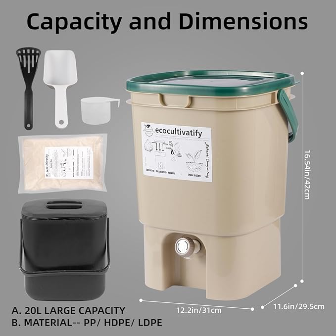 20L Bokashi Bucket with Air Sealing Lid, 5 Gallon Compost Bin, Kitchen Composter with Bran, Kitchen Compost Pail, ecocultivatify Bokashi Kit Set with Starter (Tan & Dark Green)
