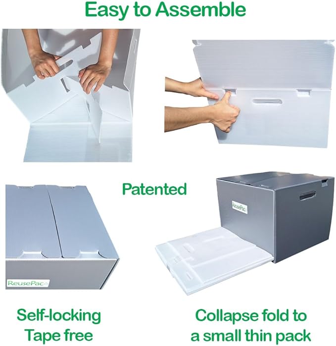 Reusable Foldable Box Corrugated PP Lightweight, Storage Moving Mailing, Heavy Duty Stackable, Tape Free Self-Locking Lid, Handles for Business Home (6 Pack Sky Blue 18x14x12 in)