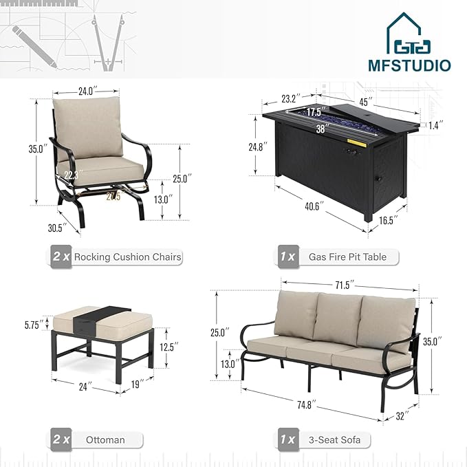MFSTUDIO 6 Pieces Patio Furniture Sets with 45" Gas Fire Pit Table(Up to 7 Seat),Outdoor Metal Conversation Sofas with 1 x 3-Seat Sofa,2 Rocking Chairs and 2 Ottoman,Beige Cushion