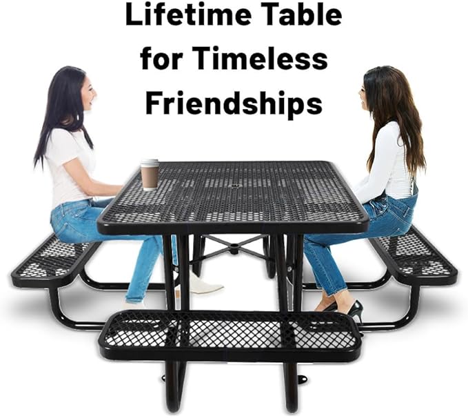 Rueekfil 46" Thermoplastic Picnic Table with Umbrella Hole up to 1.5", Heavy Duty Commercial Picnic Table for Outdoor, Family & Party Ready for School Camping, Square, Black