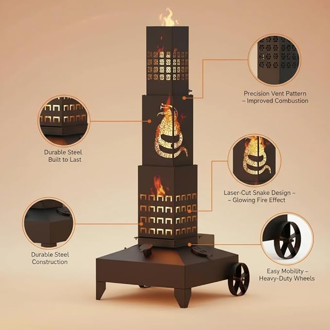 51" Smudge Pot Heater with Wheels, 7-Gallon Waste Oil Patio Heater,Heavy-Duty Steel Pyramid Design,Portable Fireplace for Backyard, Porch, Patio and Garden (Snake)