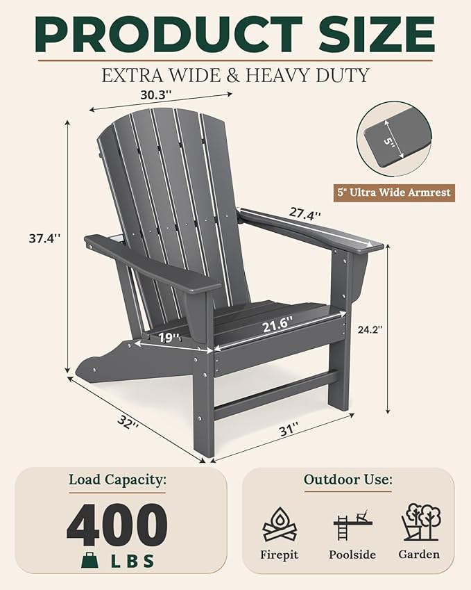 BRIOPAWS Adirondack-Chair | Fire Pit Chair | Oversized | HDPE Plastic | Weather Resistant | for Deck Outdoor Poolside Campfire | Grey