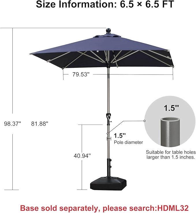 PURPLE LEAF 6.5' x 6.5' Square Patio Umbrella with Tilt Adjustment, Outdoor Table Umbrella Champagne Aluminum Frame, Market Umbrella Pool Umbrella for Deck Garden, Patio, or Lawn