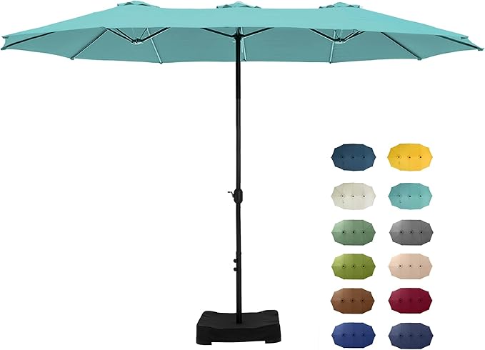 GREEN PARTY 15 ft Rectangle Patio Umbrella with Base Included, Double-Sided Table Umbrella with Crank, Large Outdoor Umbrellas for Patio Poolside Garden Backyard, Turquoise