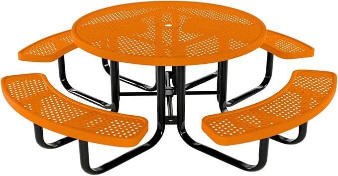COATEDOUTDOORFURNITURE Heavy-Duty Portable Outdoor Kids Table with Umbrella Hole, Punched Steel Kids Picnic Table, Commercial-Grade, Made in America (46 in, Round, Childrens, Textured Orange)