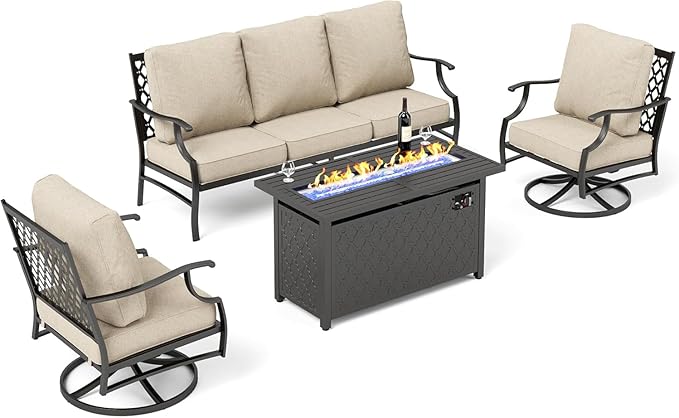SUNSHINE VALLEY Patio Furniture Set with Firepit Table, 4 Piece Metal Outdoor Patio Furniture, 2 Swivel Chairs and 3 Seater Sofa with 5.75" Extra Thick Cushion and Gas Fire Pit Table for Backyard Deck