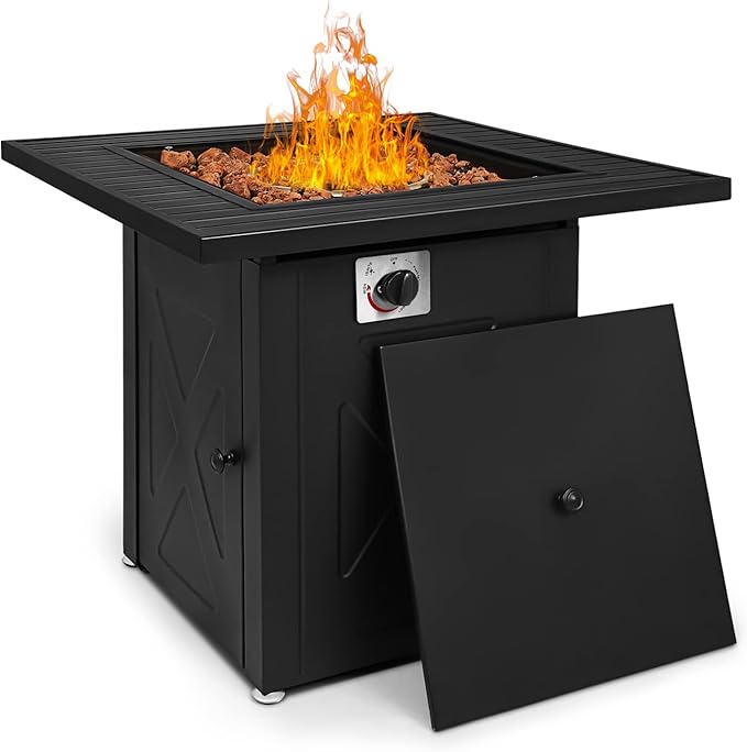 MoNiBloom 28 in Square Propane Fire Pits Table, 50000 BTU Outside Dinning Propane Outdoor Fire Pit Table Top with Lid, for Patio Deck Garden Backyard,Black