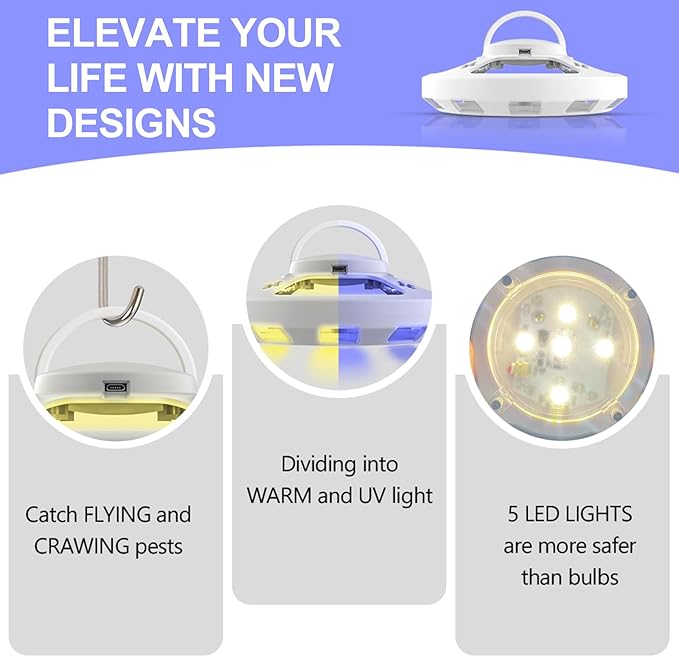 Updated Flea Traps for Inside Your Home with 3 Sticky Pads and USB Cable, Flea Light Traps for Home, Hanging Pest Control Device for Bugs Moths Gnats, Effective Indoor Outdoor
