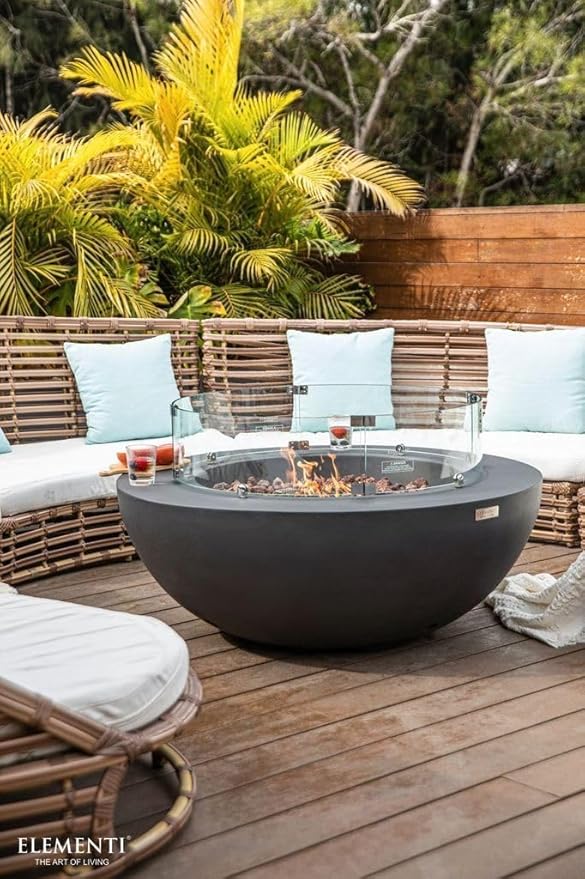 Elementi Lunar Bowl Cast Concrete Fire Table Bundle, Outdoor Fire Pit Fire Table Patio Furniture, Dark Gray (Liquid Propane Gas)