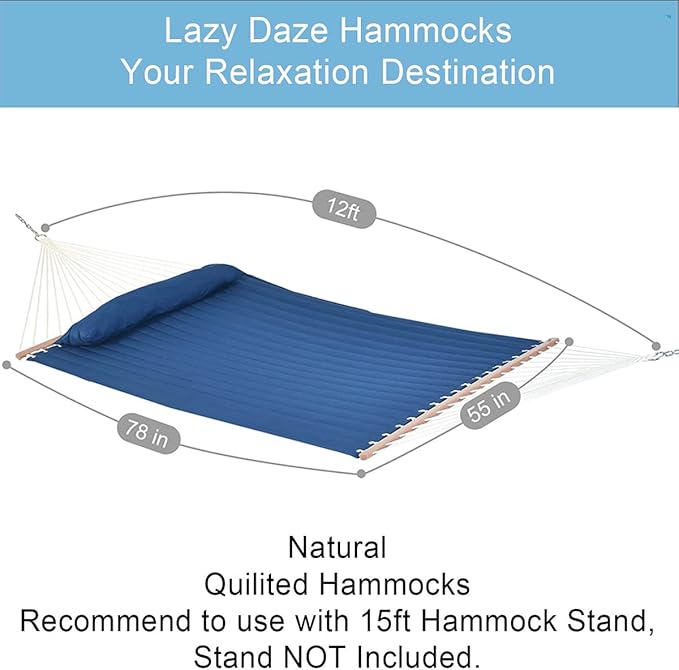 Lazy Daze 12 FT Double Quilted Fabric Hammock with Spreader Bars and Detachable Pillow, 2 Person Hammock for Outdoor Patio Backyard Poolside, 450 LBS Weight Capacity, Dark Blue/Natural