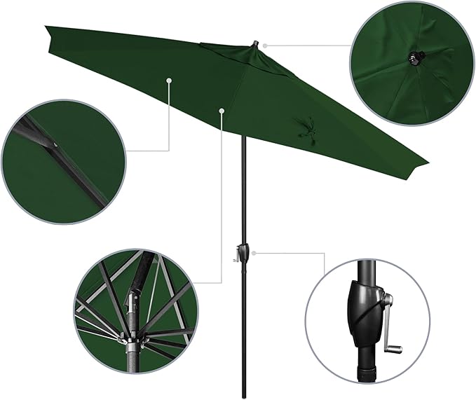 California Umbrella 9' Rd Aluminum Patio Umbrella, Crank Lift, Auto Tilt, Black Finish, Sunbrella Forest Green