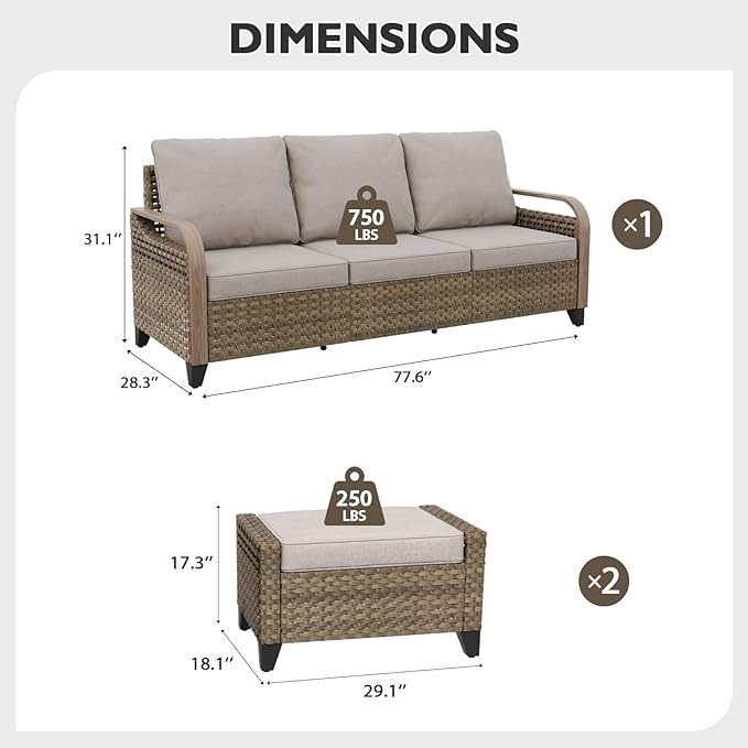 EAGLE PEAK Modern Wicker Outdoor Patio Furniture Set, Patio Conversation Set, a 3-Seat Loveseat and 2 Ottomans, 3 Pieces, Brown/Gray