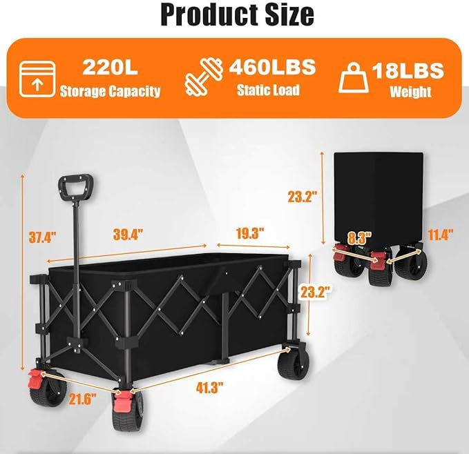 41" L Collapsible Large Wagon Cart Foldable, 460LB Weight Capacity 220L Heavy Duty Folding Beach Wagons with Big All-Terrain Wheels, Utility Carts for Camping, Garden, Shopping, Sports, Black