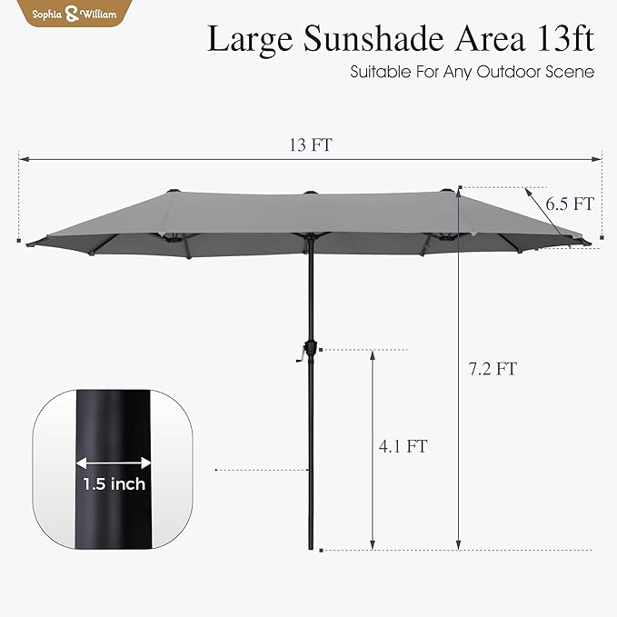 Sophia & William 13ft Outdoor Patio Umbrella for Table, Large Double-sided Umbrella for Garden, Deck, Pool, Light Gray