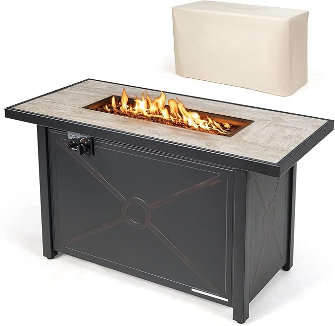 Tangkula 42 Inch Propane Fire Pit Table, Patiojoy 60,000 BTU Outdoor Rectangle Gas Fire Table with Ceramic Tabletop, Lava Rocks & PVC Cover Included, Auto-Ignition Propane Heater for Backyard, Patio