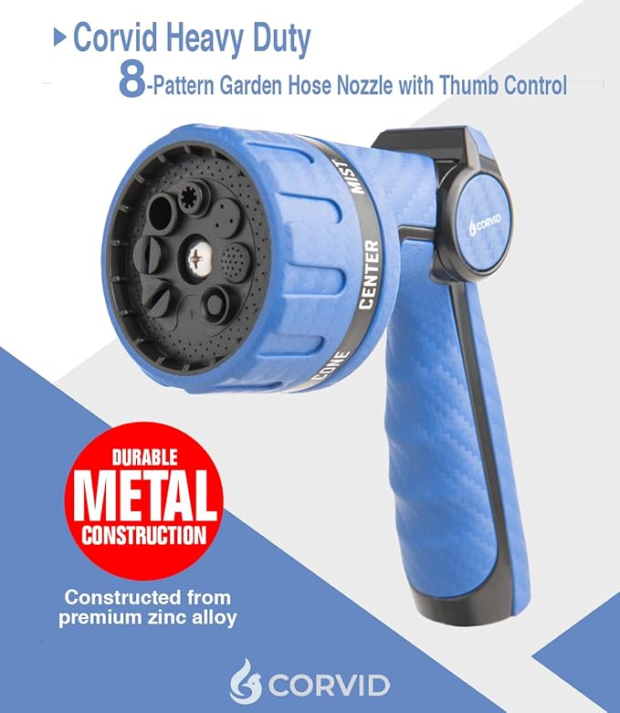 20-Pack Corvid Heavy Duty 8-Pattern Garden Hose Nozzle with Thumb Control, Adjustable High-Pressure Watering Spray Nozzle with Ergonomic Handle - Perfect for Lawn & Garden, Car Wash, Pet Cleaning