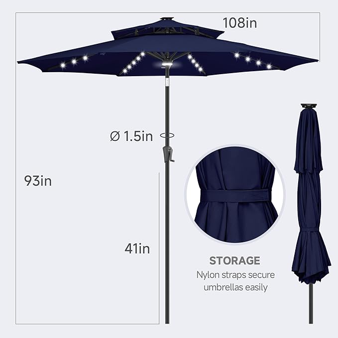 FLAME&SHADE 9 ft Double Top Solar Powered Outdoor Market Patio Table Umbrella with LED Lights and Tilt, Navy Blue