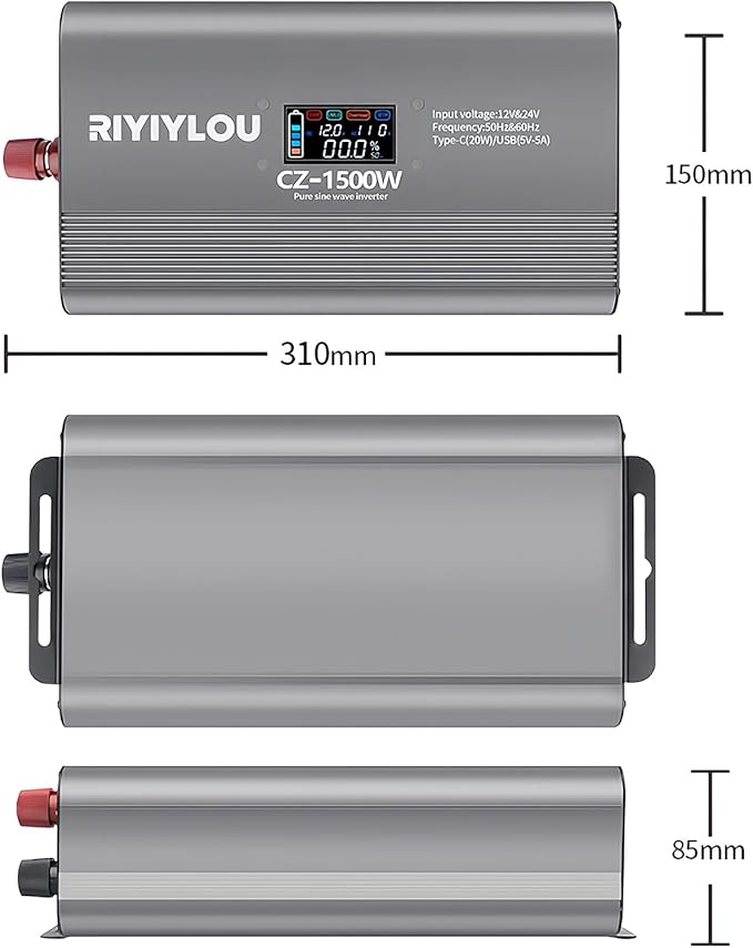 1500W Pure Sine Wave Inverter (3000W Peak), 12V/24V Auto-Detect, 50Hz/60Hz Switchable, LCD Display, Type-C Fast Charging, Silent Design, Overload & Overheat Protection for RV, Home (1500W)
