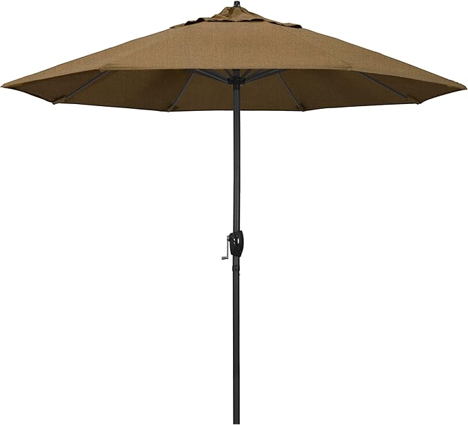 California Umbrella 9' Rd Aluminum Patio Umbrella, Crank Lift, Auto Tilt, Black Finish, Sunbrella Linen Sesame