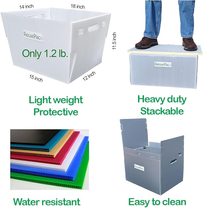 Reusable Foldable Box Corrugated PP Lightweight, Storage Moving Mailing, Heavy Duty Stackable, Tape Free Self-Locking Lid, Handles for Business Home (6 Pack Sky Blue 18x14x12 in)