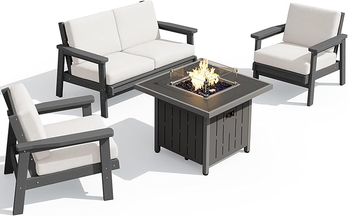 SERWALL Patio Furniture Set with 33” Fire Pit Table, HDPE Outdoor Sectional Sofa Set with Thickened Cushions, Grey Frame with Khaki Cushions